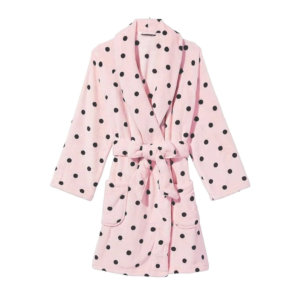 NWT XS/S Plush pink & black polka dot Victoria’s Secret Robe with pockets